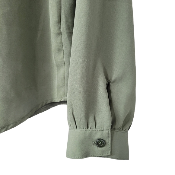 COTTON Sage Long Sleeve Lace Tie-up Pleated Blouse Sage Green Size S oversized - Picture 5 of 9